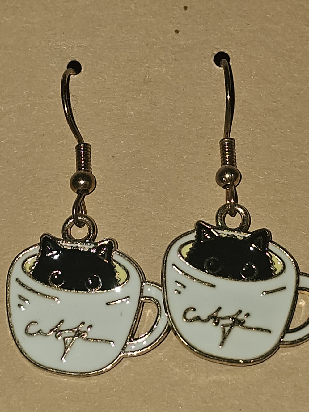 Cat in Cup Enamel Dangle Earrings - Black Cat in White Cup